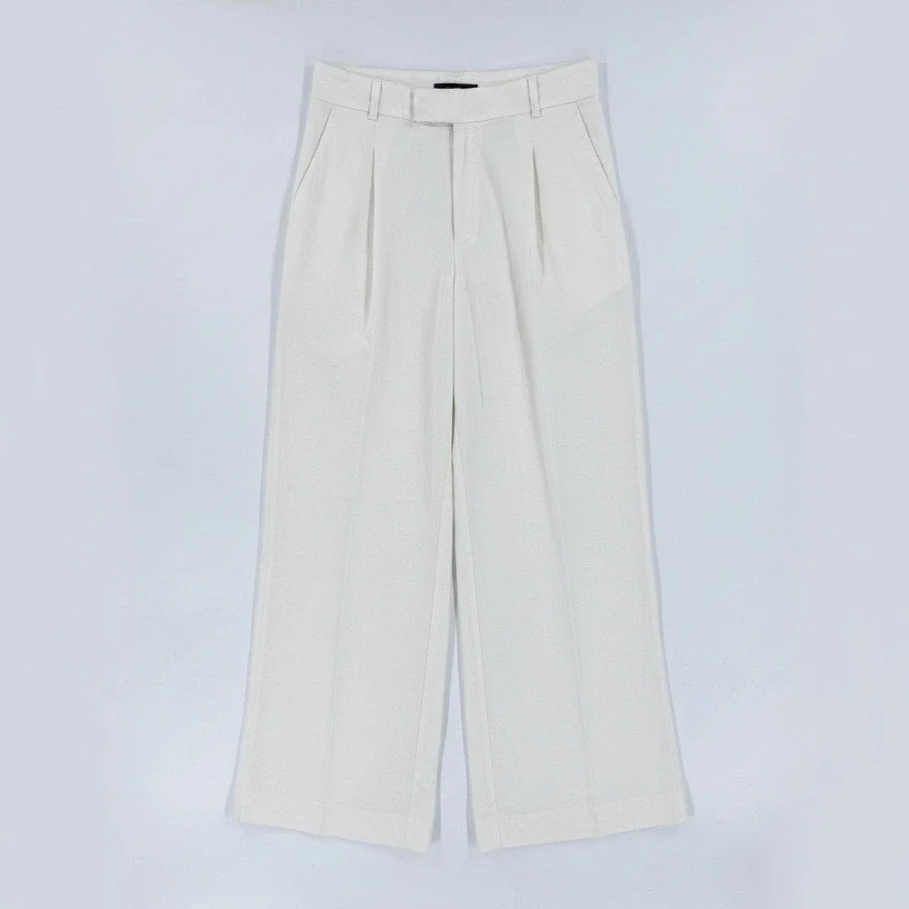 Banana Republic Wide Leg Linen Blend Pleated Pants Ivory Pockets Size 12P
